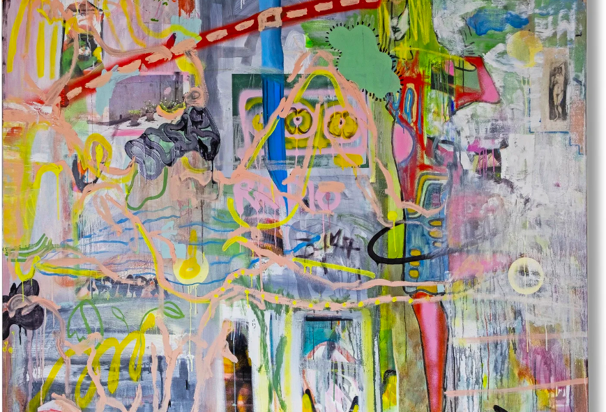 A contemporary mixed-media canvas, dense with colour and layered drawn figures