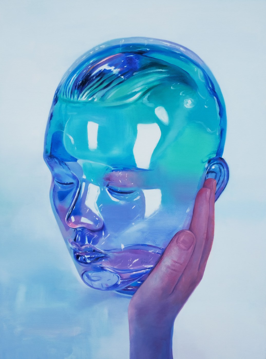 Claudiu Ciobanu, Trust, a translucent blue-green glass head resting in an open hand