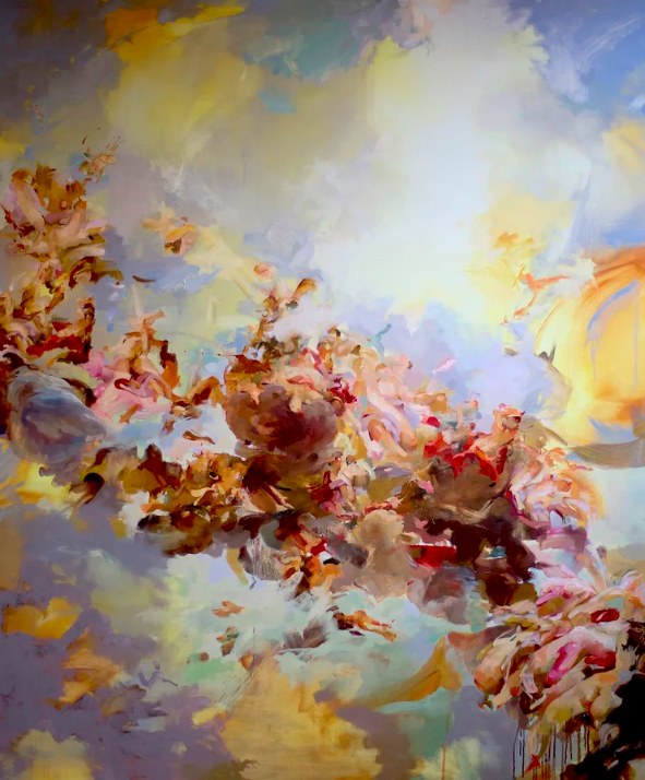 Flora Yukhnovich, dissolved Rococo forms in pink, gold and cream against a pale sky