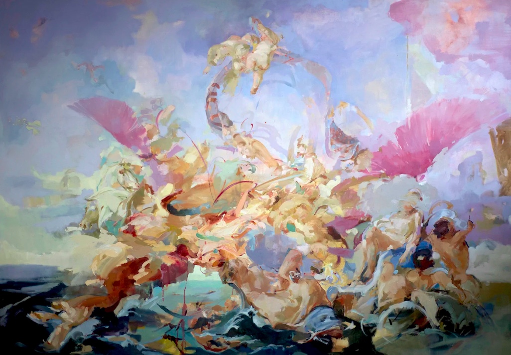 Flora Yukhnovich, a wide Tiepolo-like sky of pink plumes and dissolving figures above a dark sea