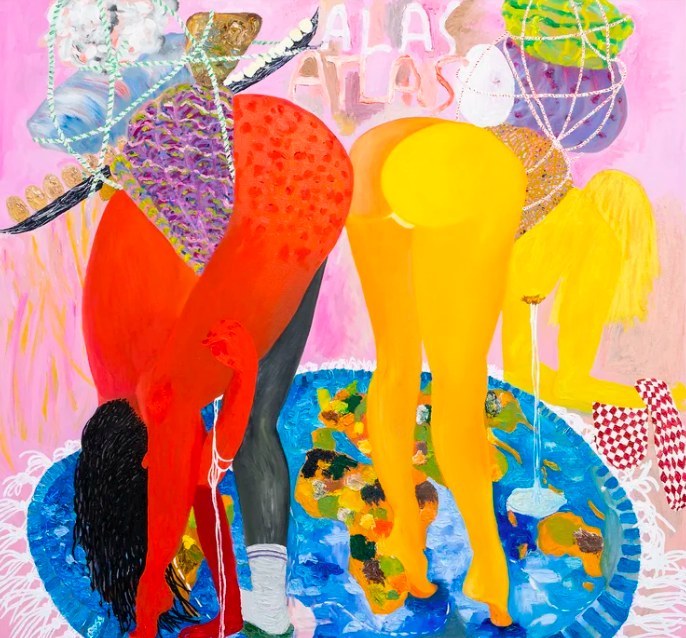 Grace Cross, Atlas is a Woman (Cheek to Cheek), bending figures in red and yellow over a blue basin, on a pink ground