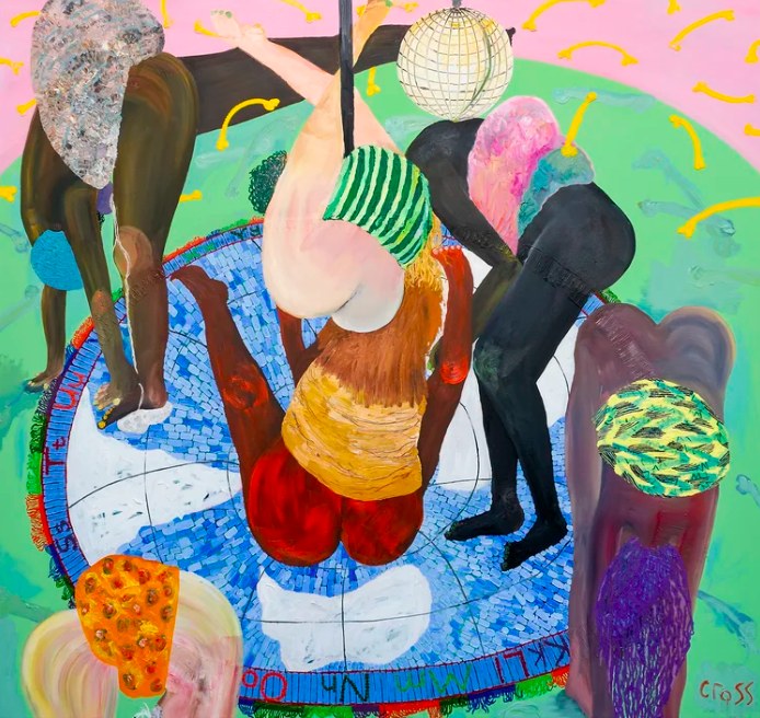 Grace Cross, A Conference of Atlas's, figures gathered around a blue mosaic globe on a green and pink field