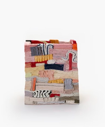 Jongjin Park, an upright slab of layered porcelain in pink, ochre and grey, banded like strata